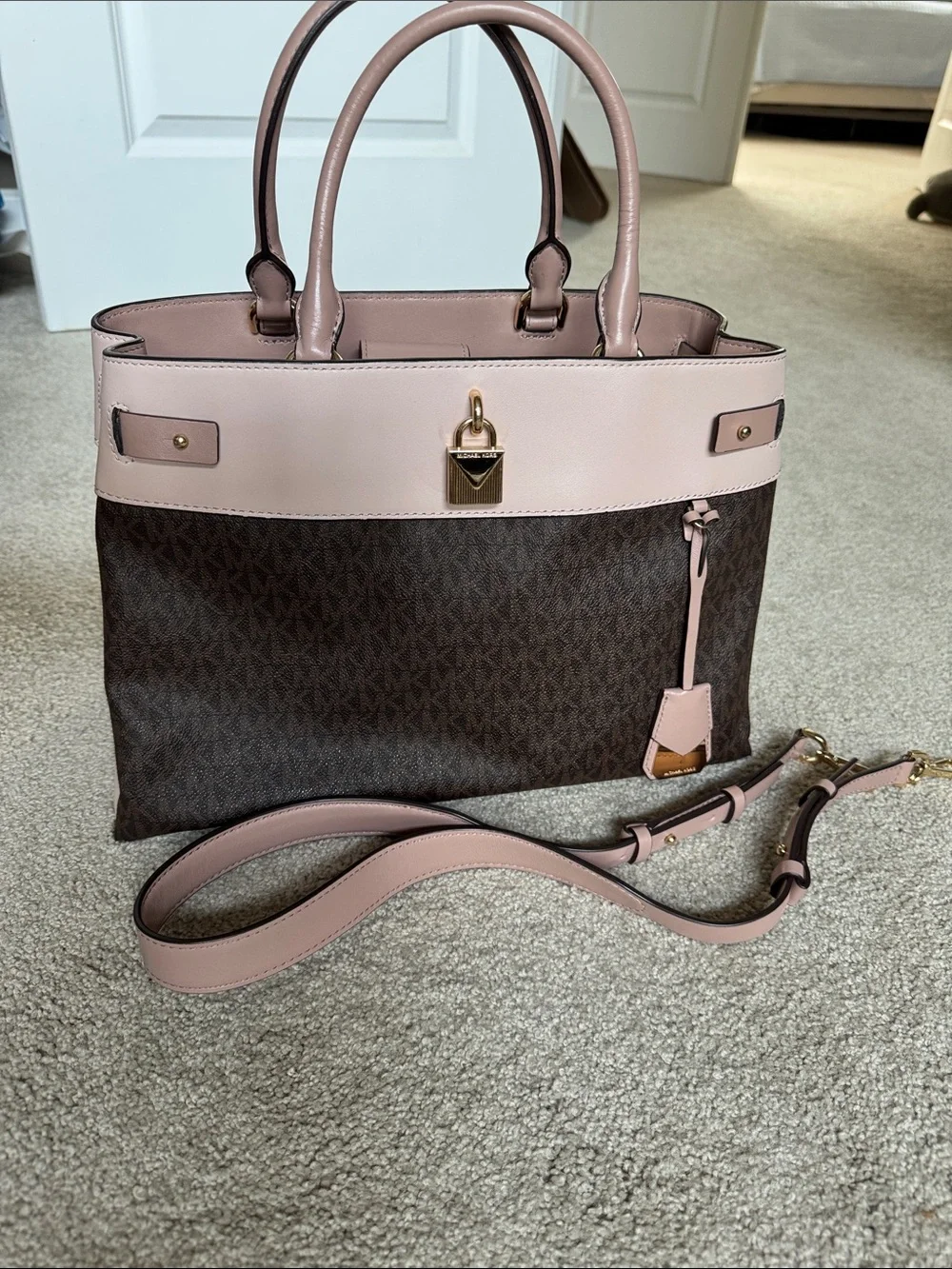 Michael Kors Brown Signature Satchel with Blush Pink Trim